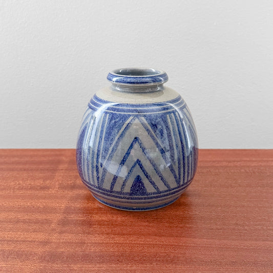 Søholm 1914 Blue Stoneware Vase in blue ceramic with geometric chevron pattern and glazed finish on a wooden surface
