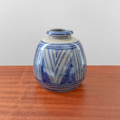 Søholm 1914 Blue Stoneware Vase in blue glazed ceramic with geometric vertical line decoration displayed on a wooden surface