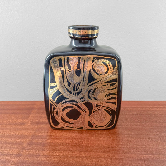 Vintage Søholm 2130 Black Stoneware Vase in black ceramic with abstract copper toned decoration, displayed on a wooden surface