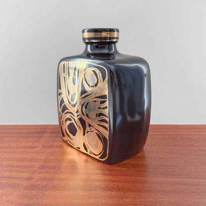 Søholm 2130 Black Stoneware Vase in black ceramic with gold abstract botanical decoration, a vintage Nordic decorative object for home decor