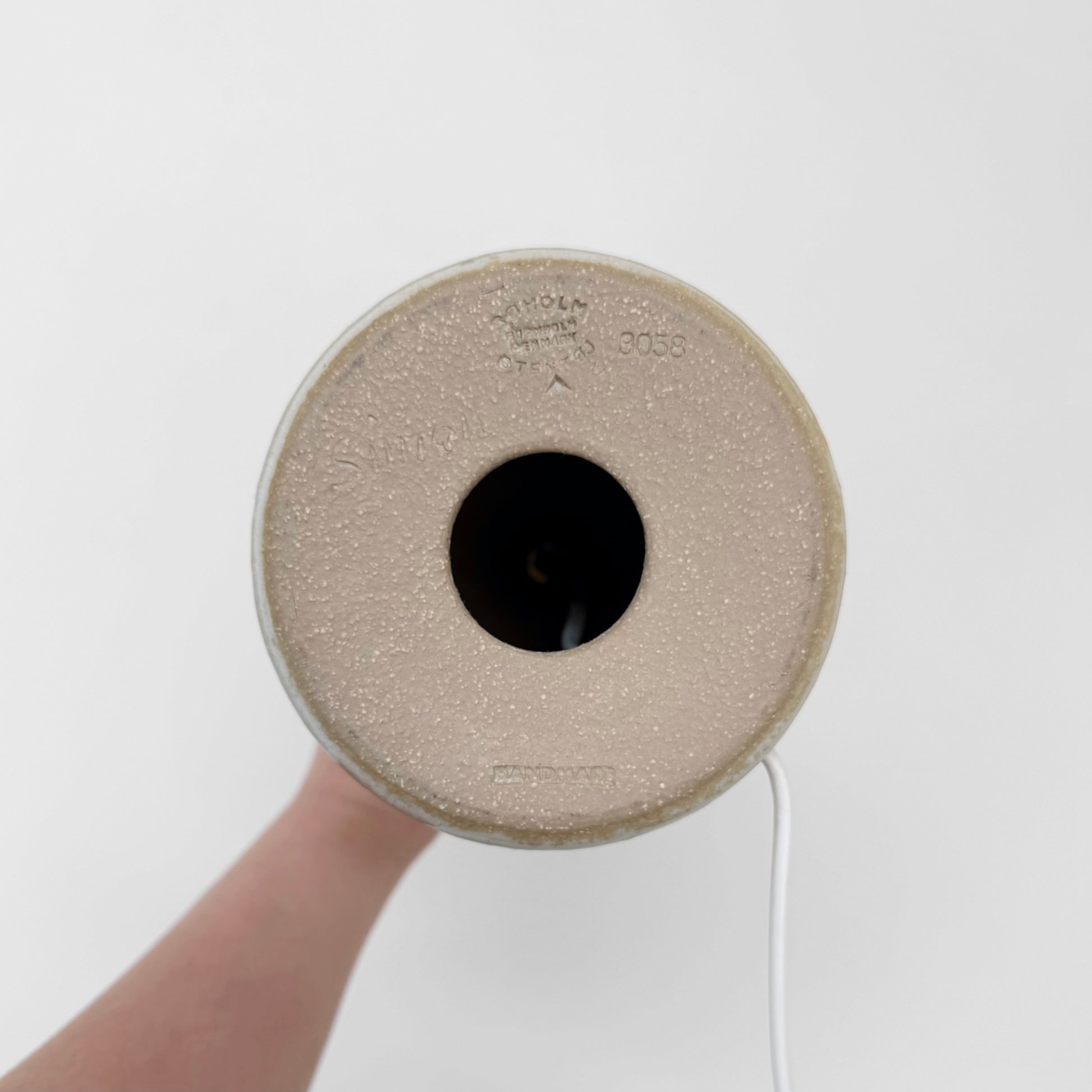 Søholm 3058 Brown Stoneware Table Lamp underside showing impressed maker's stamp and cord opening