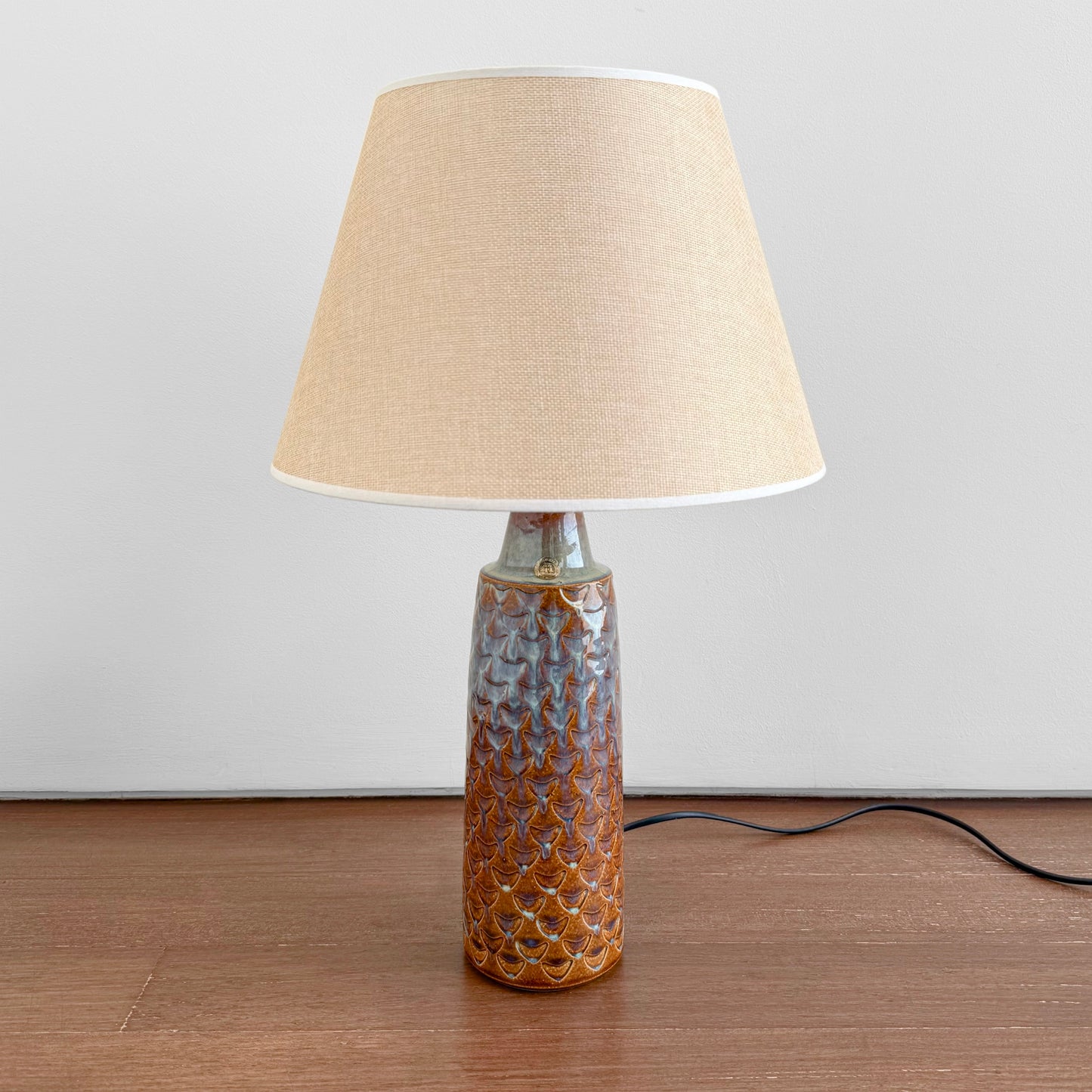 Søholm 3117 Brown-Green Stoneware Table Lamp featuring a vintage ceramic base with multitone glaze and a beige fabric shade, showcasing classic Nordic mid-century lighting.