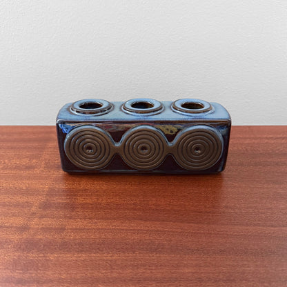 Søholm 3463 Blue Stoneware Candle Holder featuring three circular candle slots and a decorative spiral pattern in blue ceramic, showcasing vintage Nordic craftsmanship.