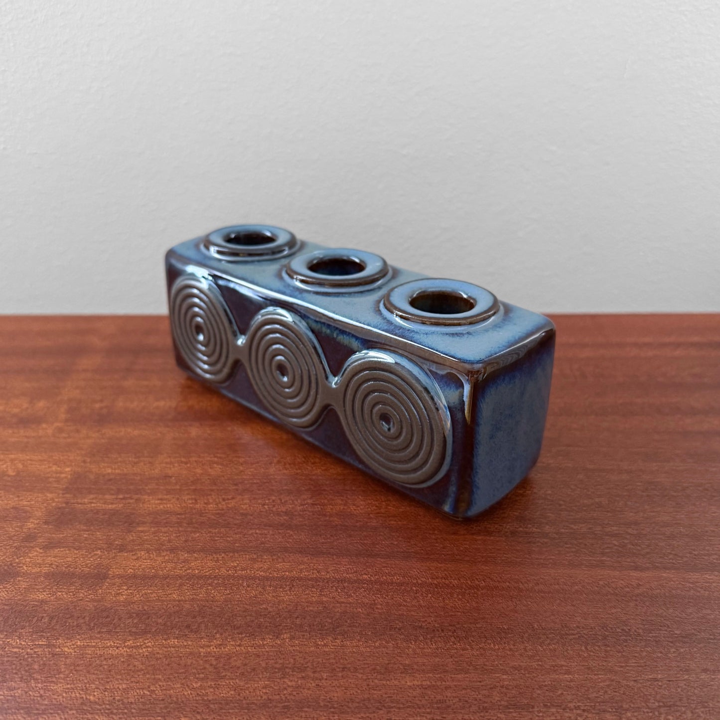 Søholm 3463 Blue Stoneware Candle Holder featuring a vintage blue glazed ceramic design with circular patterns, crafted by Einar Johansen in Denmark during the 1960s.