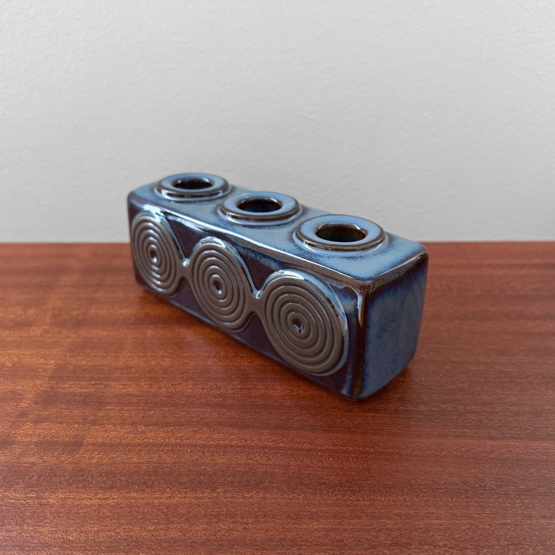 Søholm 3463 Blue Stoneware Candle Holder featuring a vintage blue glazed ceramic design with circular patterns, crafted by Einar Johansen in Denmark during the 1960s.