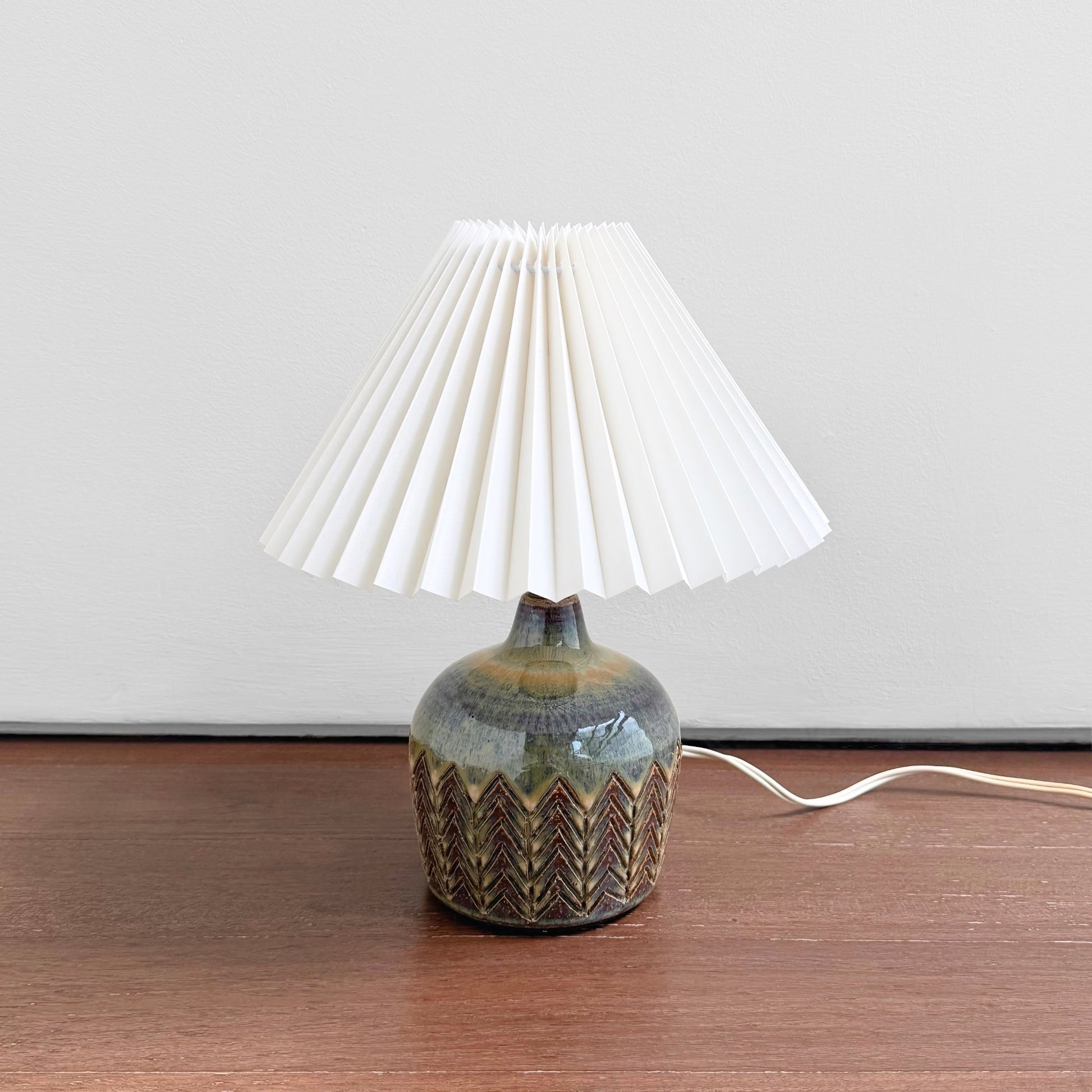 Søholm Blue-Green Stoneware Table Lamp with ceramic multitone glaze base and new white plastic pleated shade, vintage Danish design from the 1960s-70s.