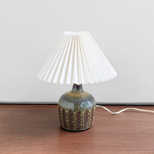 Søholm Blue-Green Stoneware Table Lamp with ceramic multitone glaze base and new white plastic pleated shade, vintage Danish design from the 1960s-70s.