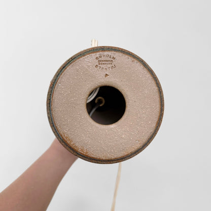 Bottom view of a Søholm Blue-Green Stoneware Table Lamp showing the textured ceramic base with maker’s stamp and exposed cord inside, highlighting vintage Nordic craftsmanship.