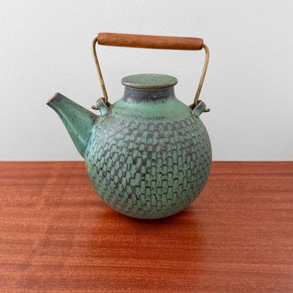 Stig Lindberg Gustavsberg Turquoise Stoneware Teapot in textured turquoise stoneware with brass and teak handle vintage Swedish drinkware