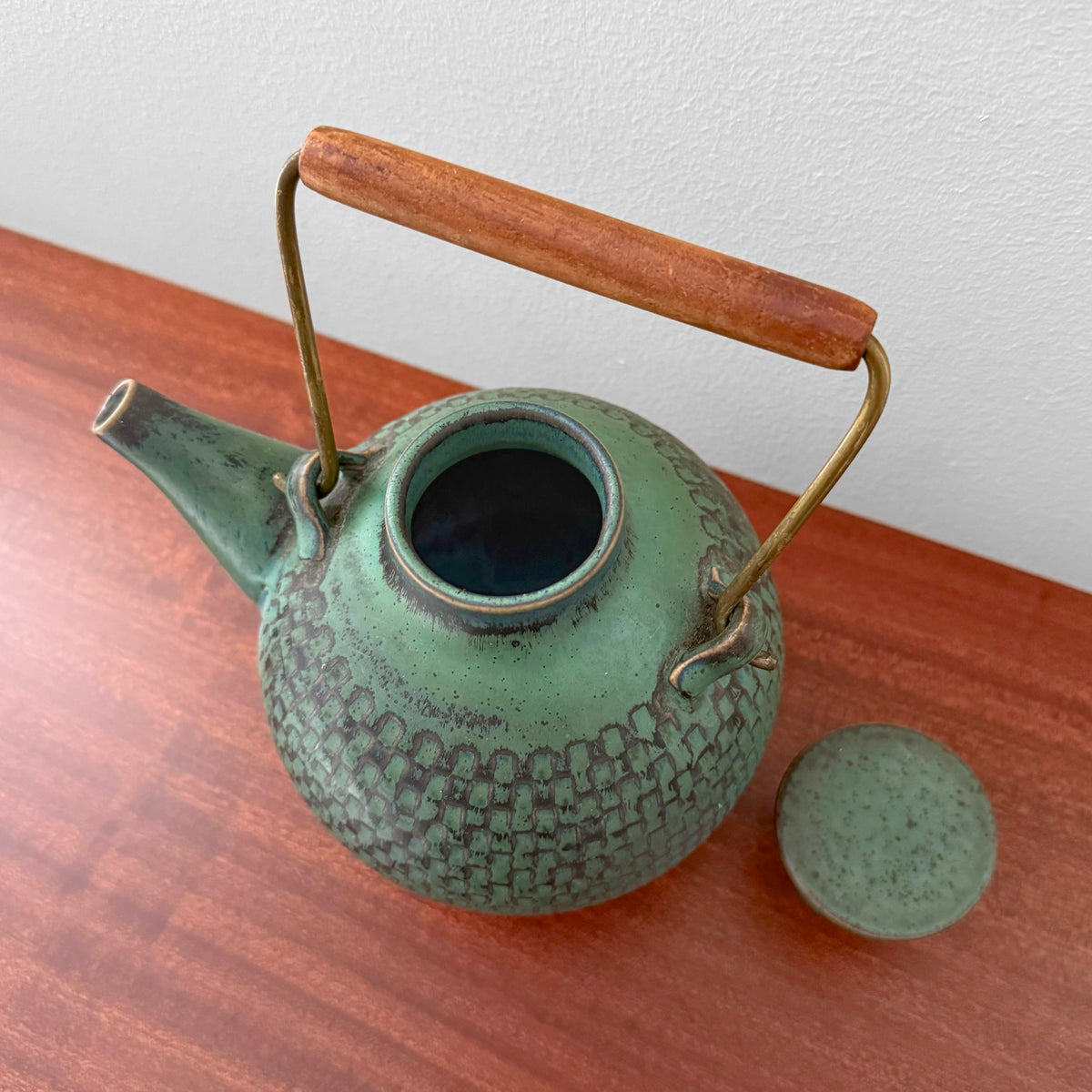 Stig Lindberg Gustavsberg Turquoise Stoneware Teapot in turquoise stoneware with brass and teak handle and matching lid vintage Nordic drinkware